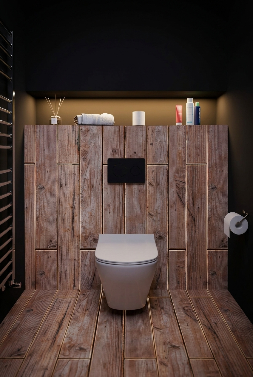 Polished wood-panel toilet alcove, monument condition, after restoration