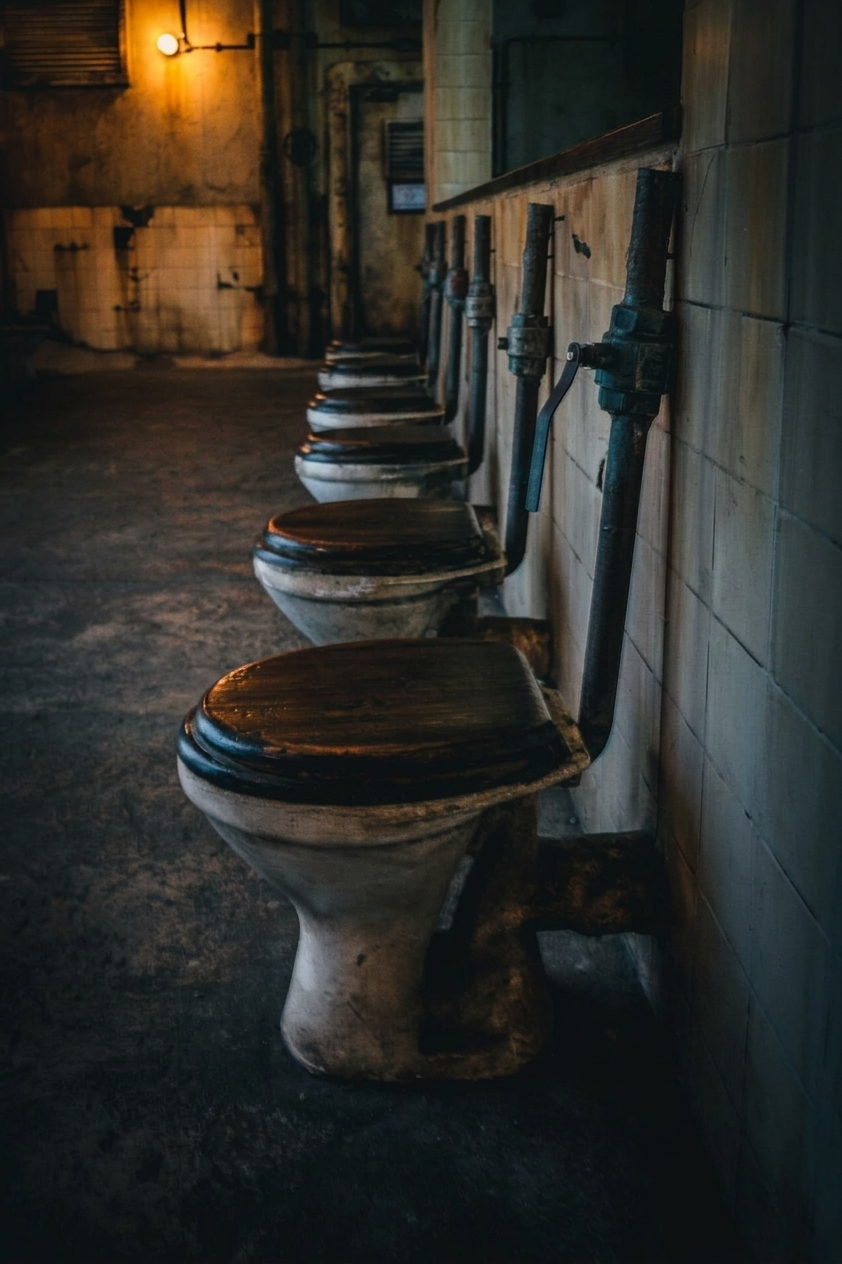 Row of neglected vintage toilets in a dark facility, before restoration