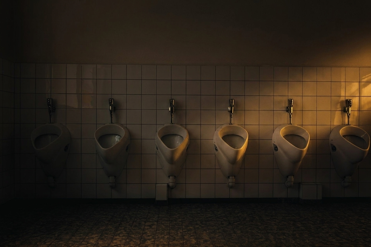 Row of commercial urinals re-graded into a brooding near-black mahogany scale shot