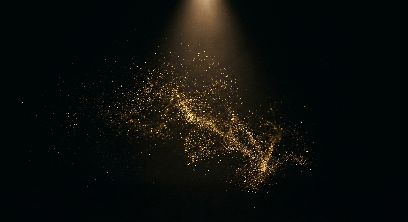 Suspended gold dust particles in a dark studio caught in a single warm spotlight, macro detail