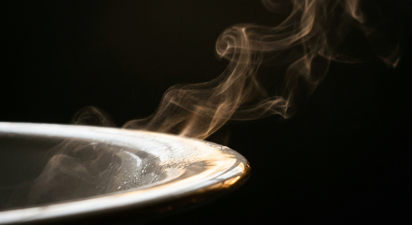 Steam rising from a gleaming porcelain surface against near-black, macro detail