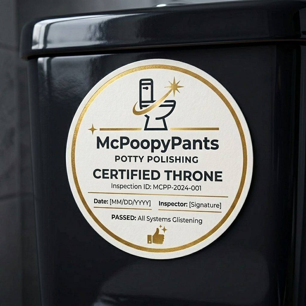 McPoopyPants Certified Throne inspection seal on a near-black tank